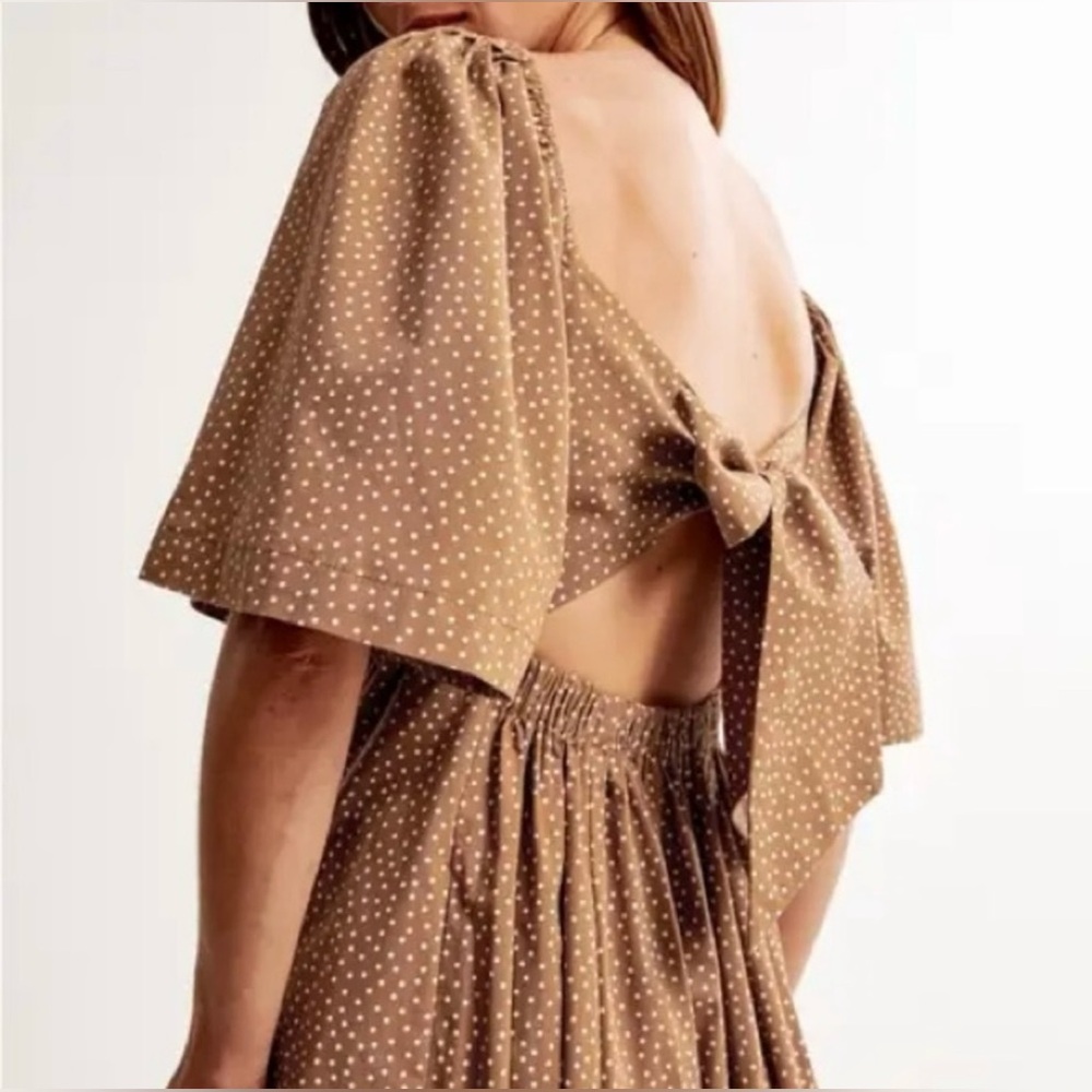 Abercrombie & Fitch Polka Dot Angel Sleeve Twist Front Tie back Brown Midi Dress - Picture 11 of 11